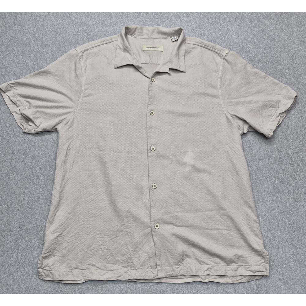 Tommy Bahama Camp Shirt Mens 2XL Beige Silk Blend Button Down Tropical Beach